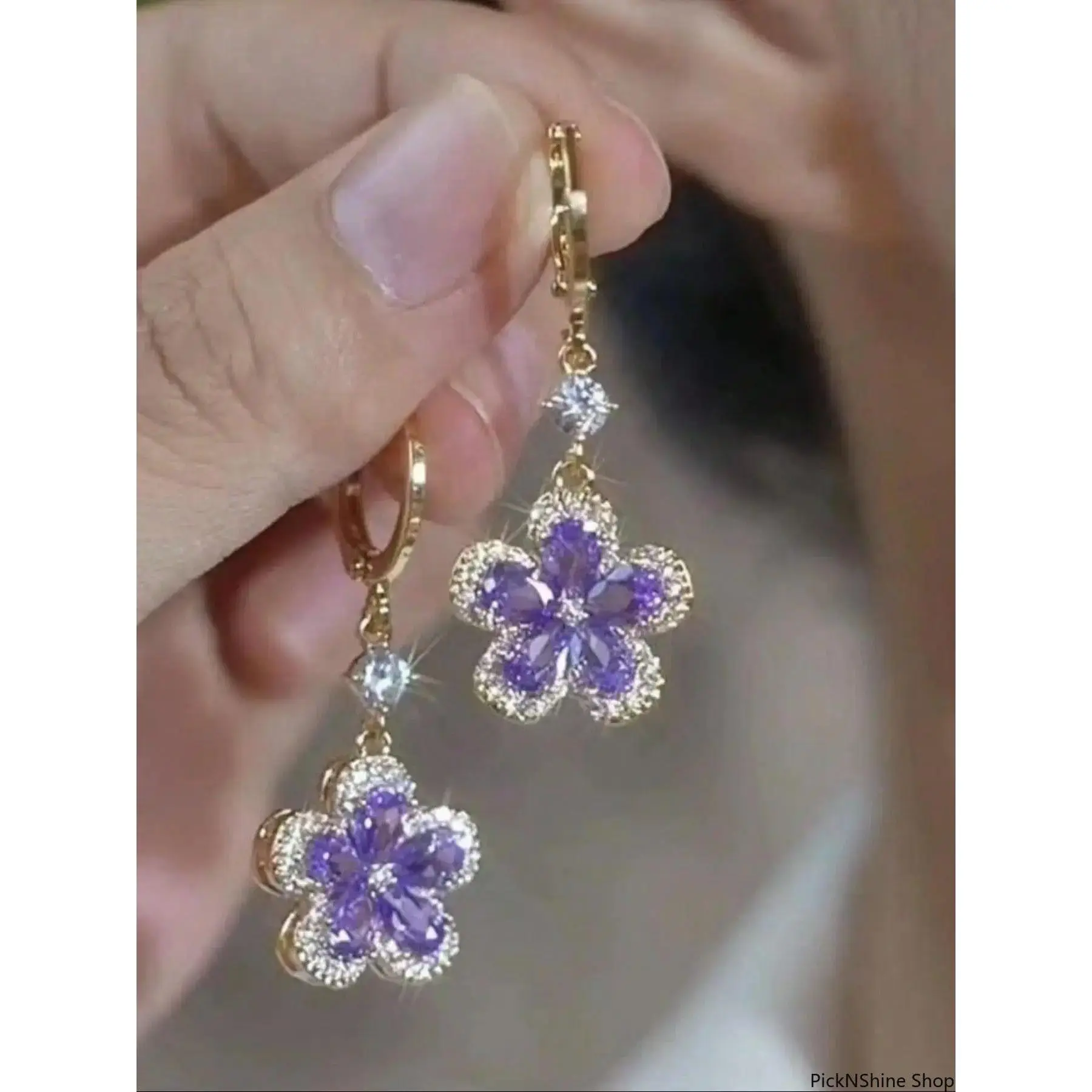 Women's Purple Flower Crystal Dangle Earrings Fashionable Sparkly Rhinestone All-Match Jewelry for Birthday