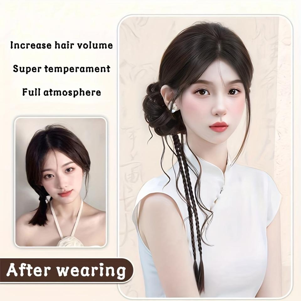 Traditional Chinese Hanfu Wig - Ancient-style side-tied dragon beard bun with twisted braids and curly wavy ponytail, a hair accessory for cheongsam costumes, suitable for Chinese New Year and cultural events (includes adjustable headband)