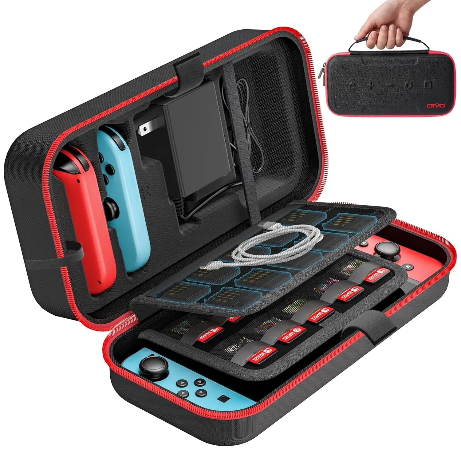 Switch Storage Bag, Compatible with Nintendo Switch and Oled, Hard Shell Portable Travel Case with Zippers, Holds Joy-Con, Adapter, 20 Game Cartridges