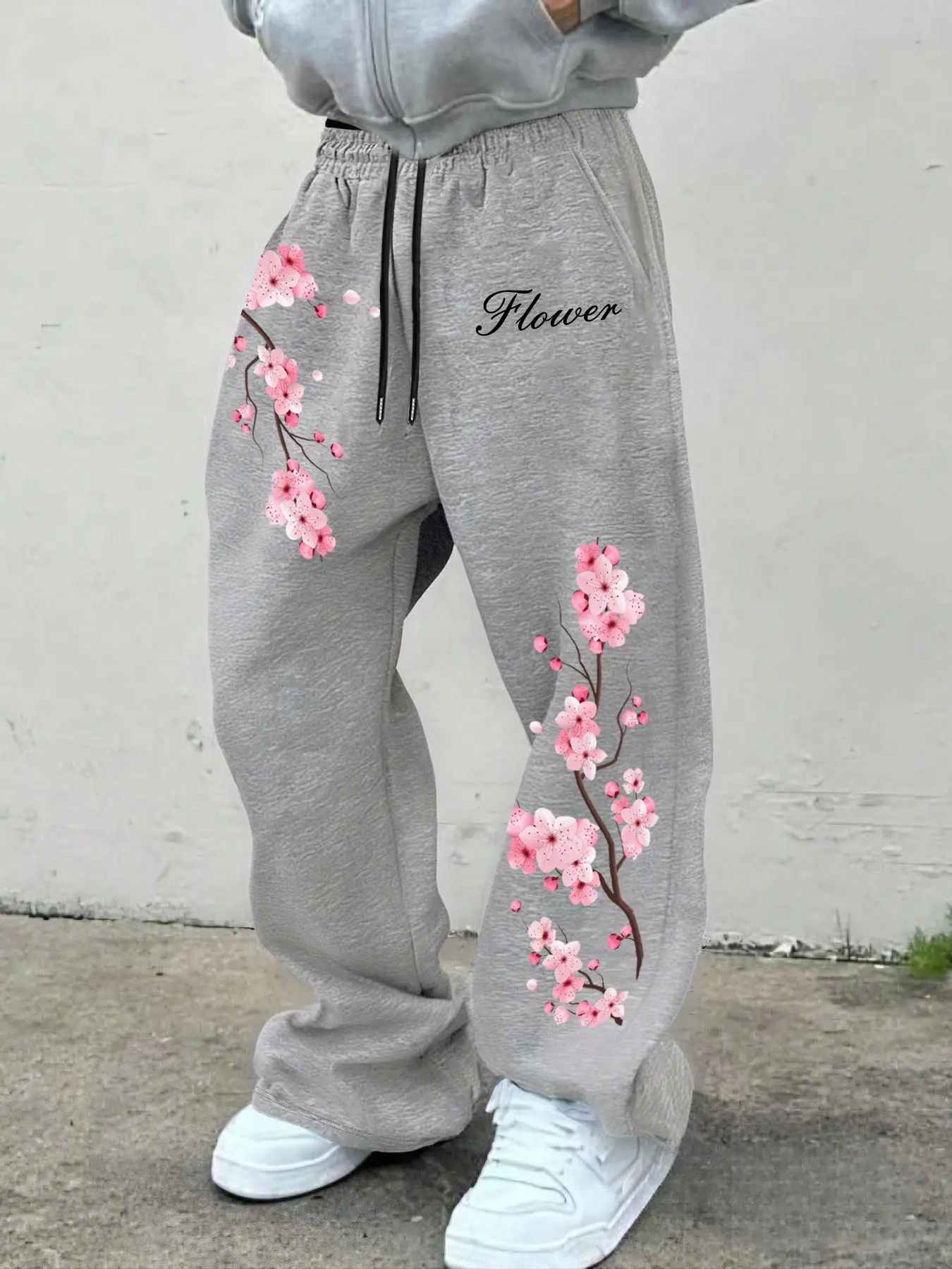 Men's Trendy Cherry Blossom Letter Print Drawstring Waist Sports Pants, Street Style Hiking Floral Jogger, Y2K Loose Wide Leg Long Pants