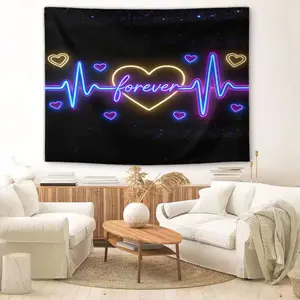 Romantic Neon Glow Heartbeat Tapestry, Wall Hanging Tapestries, Soft Wall Blanket, Colorful Love Heart Aesthetic Backdrop Decor, Perfect for Couples Bedroom, Dorm, Living Room, Valentine's Day Party