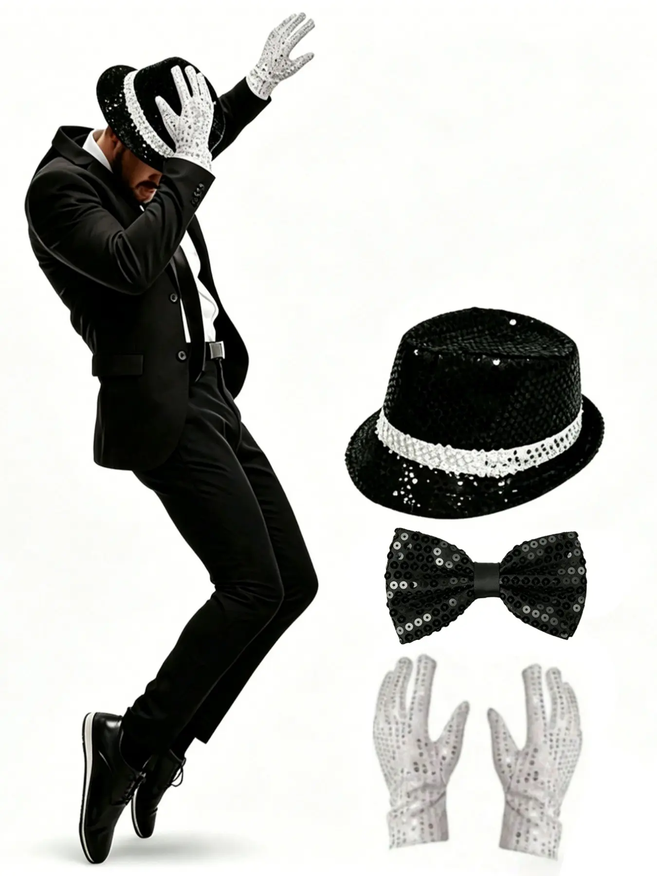 Disco Stage Performance Set, Music King Glitter Hat Tie Gloves, Party Accessories, Halloween, Retro, Vintage, Pool, Beach, Music Festival, Nightclub