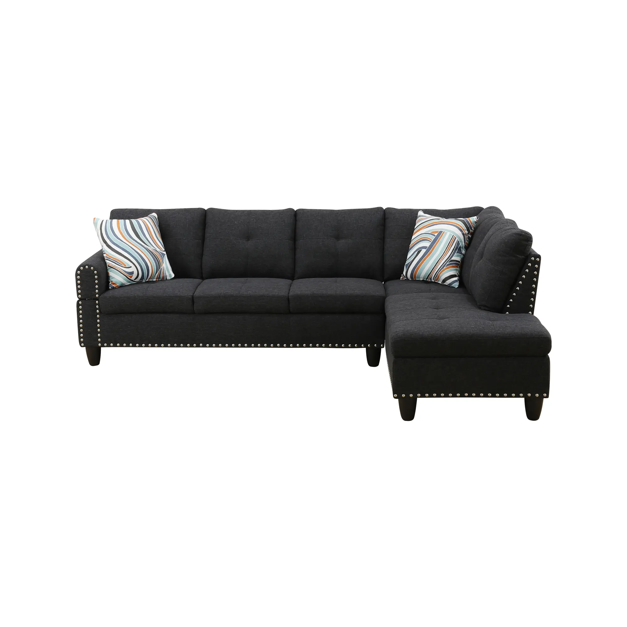 Nokaa L-Shape Sectional Sofa with Cup Holder and Storage Ottoman, 5-Seat Faux upholstered Couch with Pull-Down Middle Seat, Tufted Nailhead Trim Living Room Furniture Set, Black, Foam/Wood Material, Multiple Options