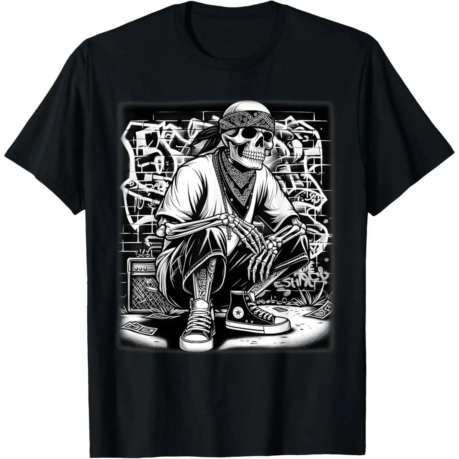 Men's Mexican Gangster Streetwear Cotton Short-Sleeve T-Shirt, Cool Cholo Chicano Skeleton Con Safos Casual Crewneck Top, Tshirt, Shortsleeve, Round Neck