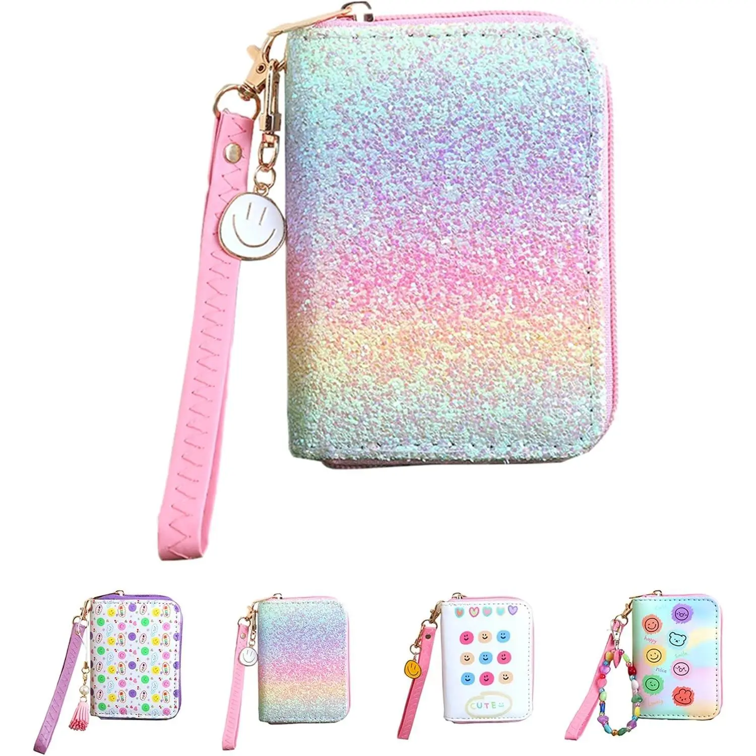 Smile Coin Purse Happy Face Purse Girls Small Wallet Happy Kids Wallet with Charm Mini Coin Pouches with Strap Preppy Wallet Aesthetic Wallet Y2K for Women