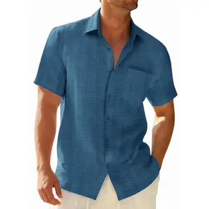 Mens Button Down Shirts Casual Short Sleeve Shirt Textured Linen Summer Beach Tops with PocketGift