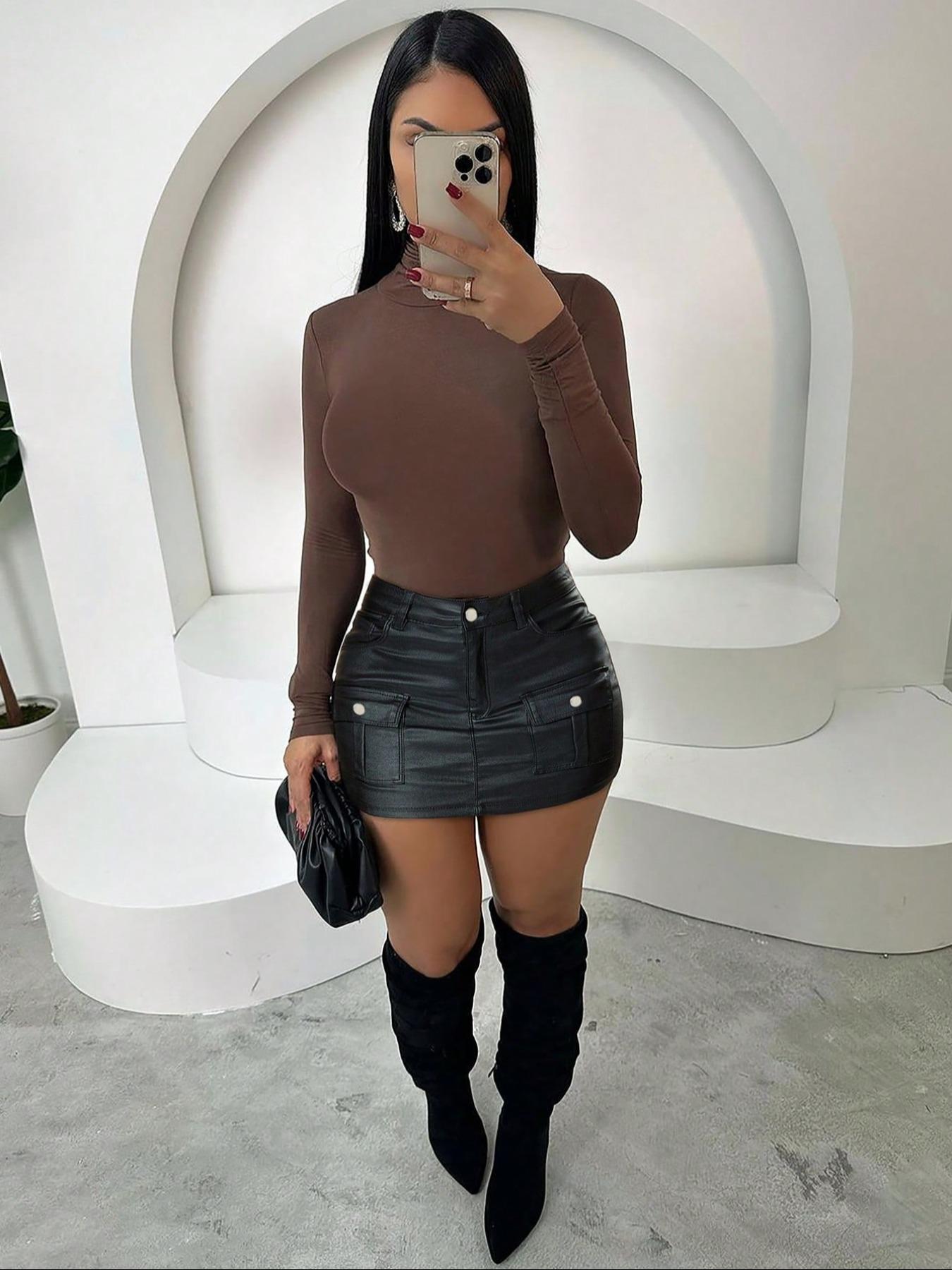 26 Valentine's Day Women's Solid PU Mini Skirt, Fashionable Chic Skirt for Daily Wear, Ideal for Night Out, Party & Daily Bottoms for All Seasons