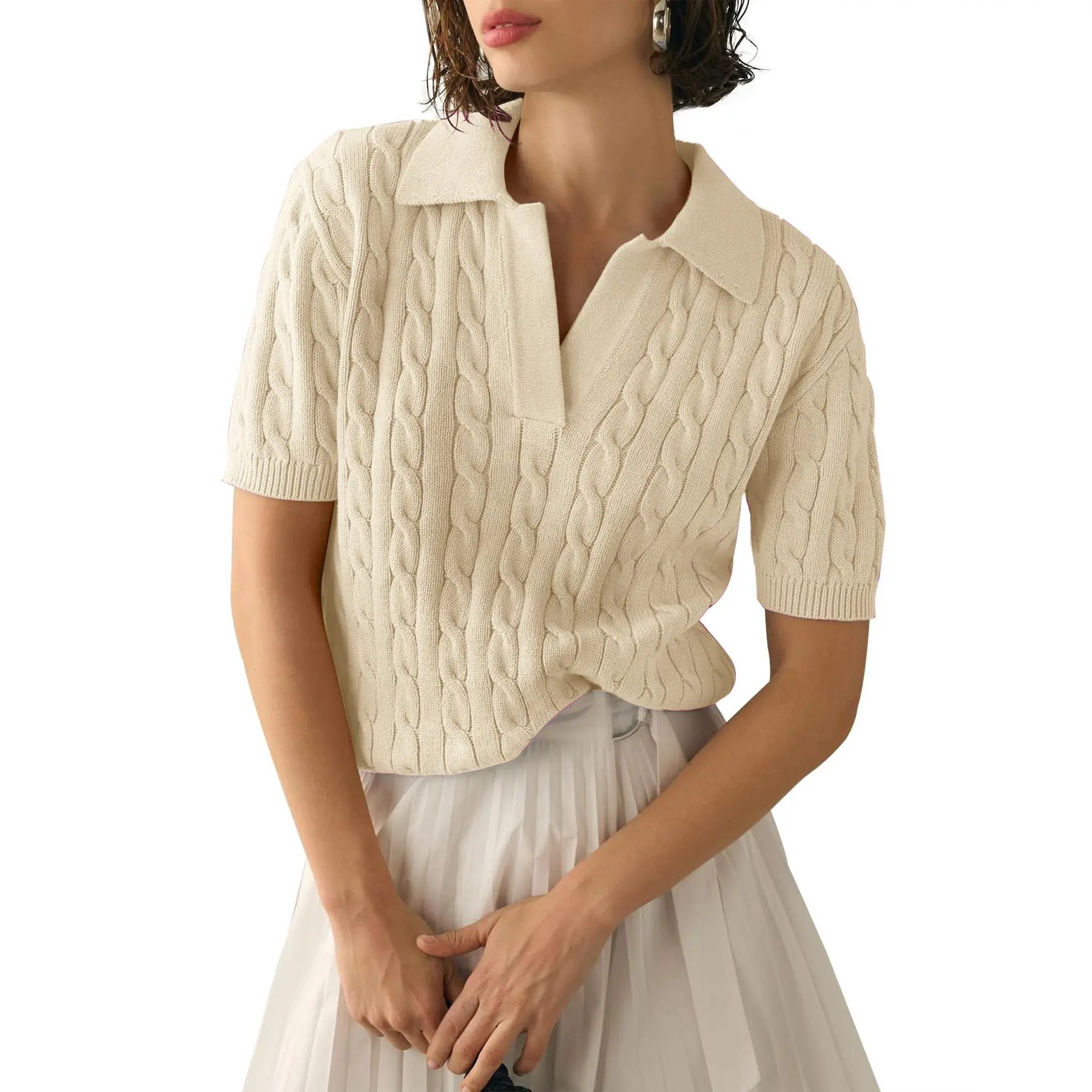 YF Women's Soft Cable Knit Polo Shirts Short Sleeve Collared V Neck Sweater Tops Cream Beige Casual Business Work Pullover Tee Lightweight Knitwear for Spring Summer Fall Office Daily Date School Vacation
