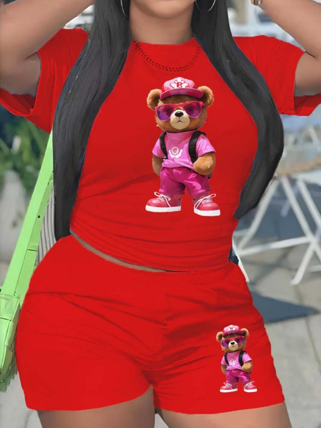 Two-Piece Set Women's Cartoon Bear Print Short Sleeve T-shirt & Skinny Shorts Set, Round Neck Tee & Shorts for Summer, Lady Outfits for Daily Wear