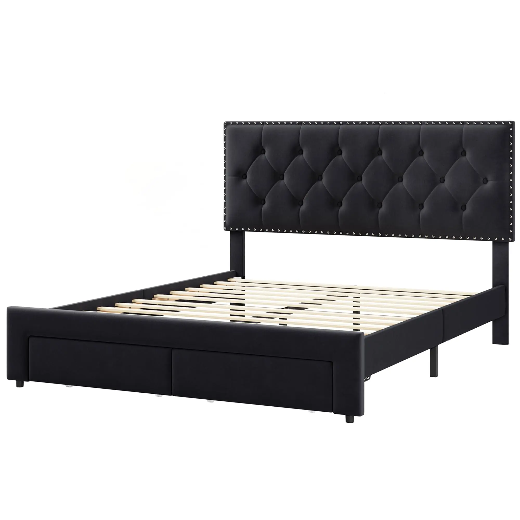 Modern Velvet Upholstered Bed Frame Queen/King Size, 800lbs Heavy Duty Wood Slat Support, No Box Spring Needed, Noise-Free Platform Bed with Elegant Headboard, Luxury Bedroom Furniture Black