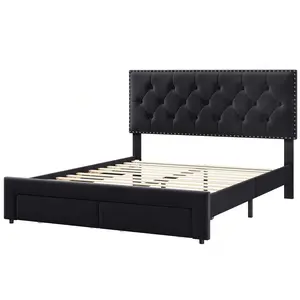 Modern Velvet Upholstered Bed Frame Queen/King Size, 800lbs Heavy Duty Wood Slat Support, No Box Spring Needed, Noise-Free Platform Bed with Elegant Headboard, Luxury Bedroom Furniture Black