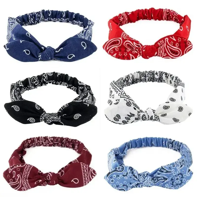 6-Pack Retro Paisley Print Rabbit Bow Knot Headbands For Women, Soft Stretch Elastic Boho Bandana Hair Wraps,Vintage Western Hair Accessories, Sweat Resistant Wide Hair Bands,Boho Outfit Boost