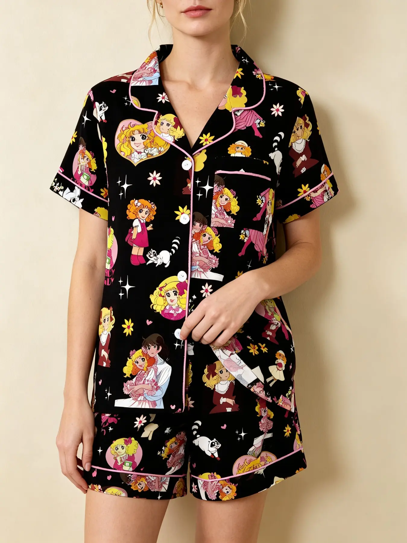 Cartoon Girl Anime Print Women's Pajama Set, Comfortable Wear-Outside Sleepwear, Short Sleeve Button-Up Top and Elastic Shorts, Casual Home