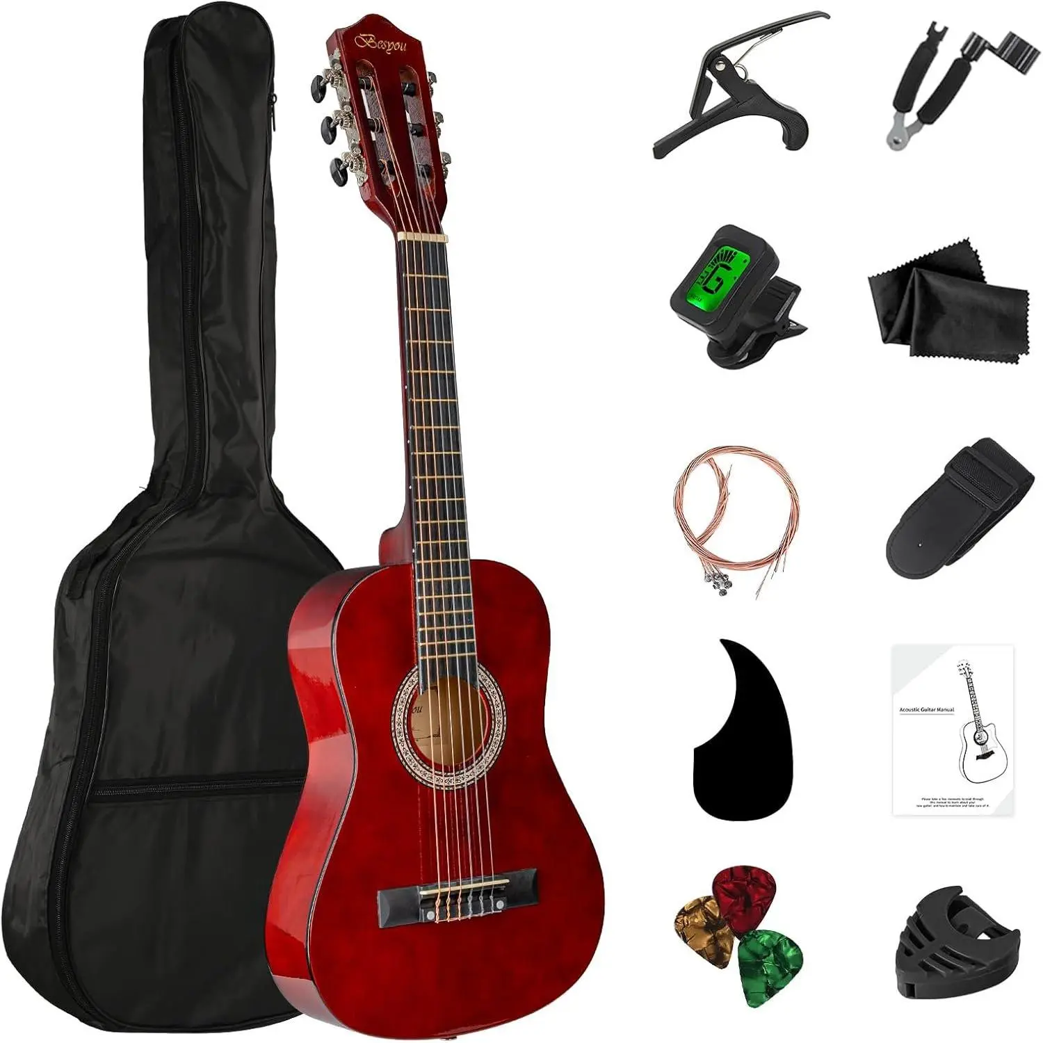 30in Beginner  Acoustic Guitar  Starter Kit Tuner Capo Strings Winders Strap Picks Student Youth  Guitar Pickguard with Gig Bag Brown