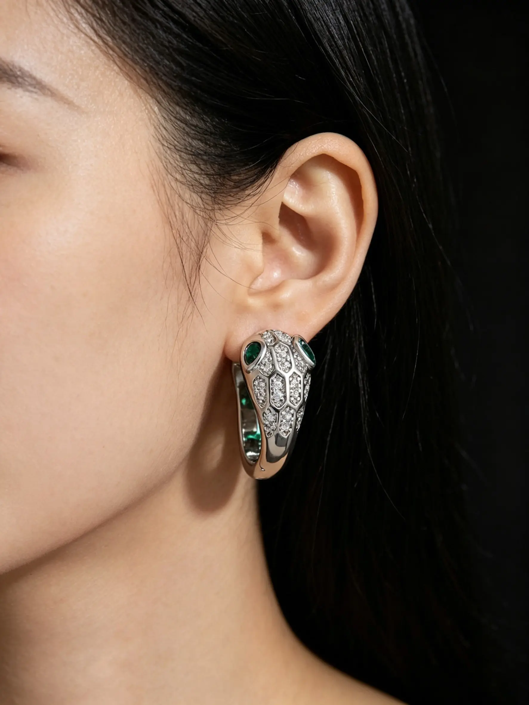 Eye Zircon Snake Earrings, Snake Texture, Silver Color, Elegant Design, Vintage Mystery Vibe, Perfect for Suits and Evening Wear, High Quality Earrings