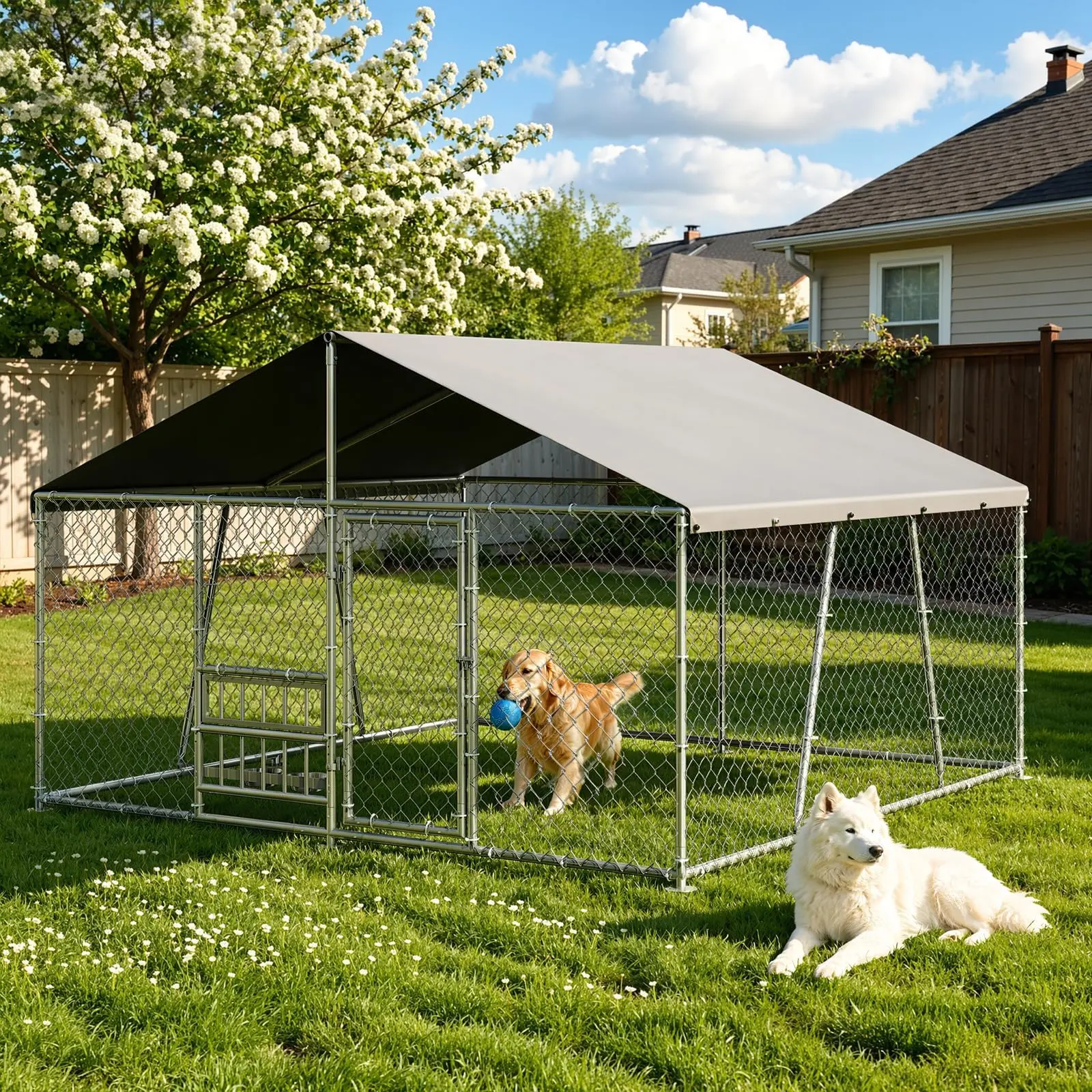 Heavy Duty Outdoor Dog Kennel – 7.5×7.5/10×10ft, Galvanized Steel with PE Canopy – 360° Feeding Door & Lock – for Large Breeds/Farm – Weatherproof