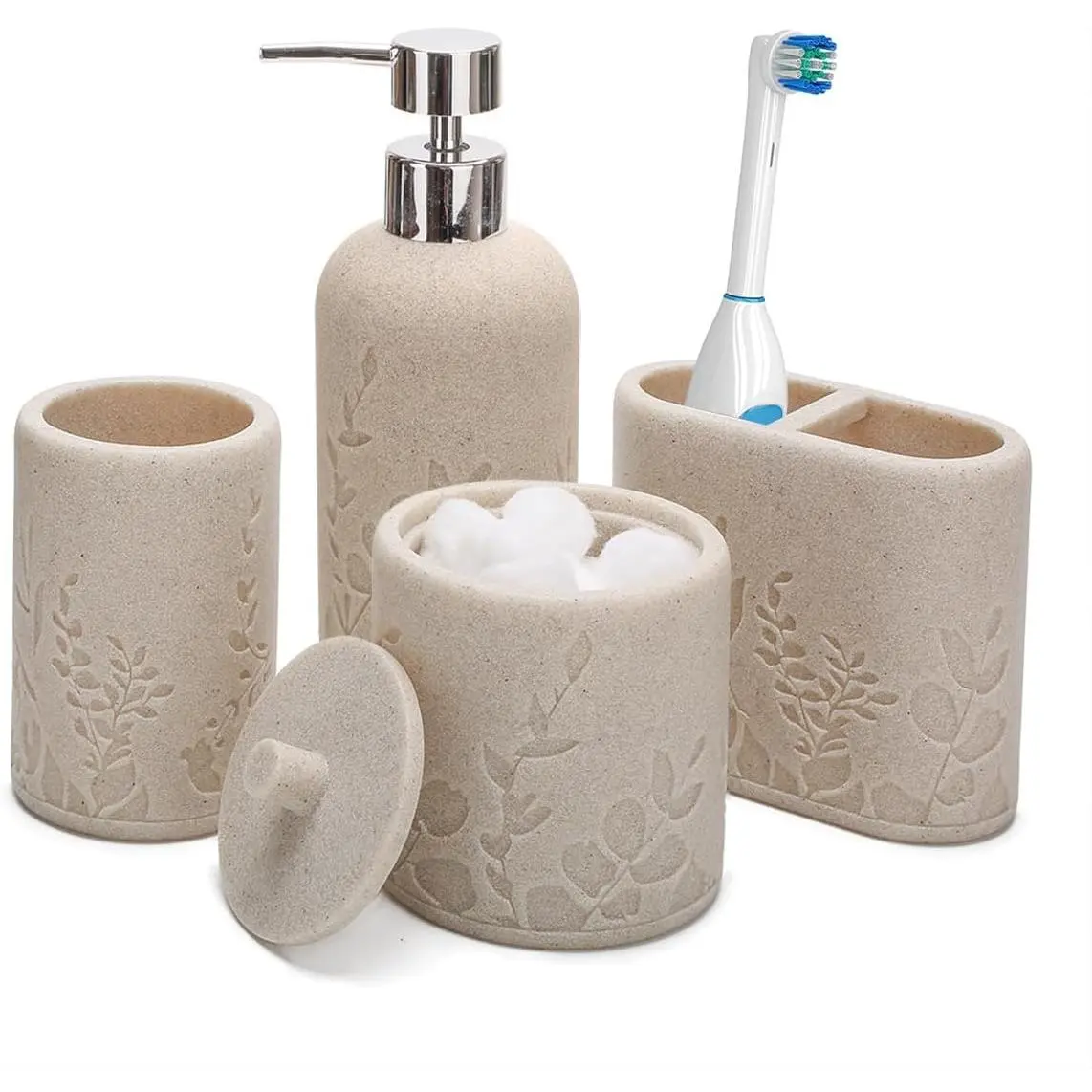Beige Bathroom Accessories Set, 4 count Sturdy  Bathroom Accessory Set, Hand Soap Dispenser,  Holder Set, Tumbler, Qtip Holder Dispenser, Stylish & Modern Bathroom Decor Set