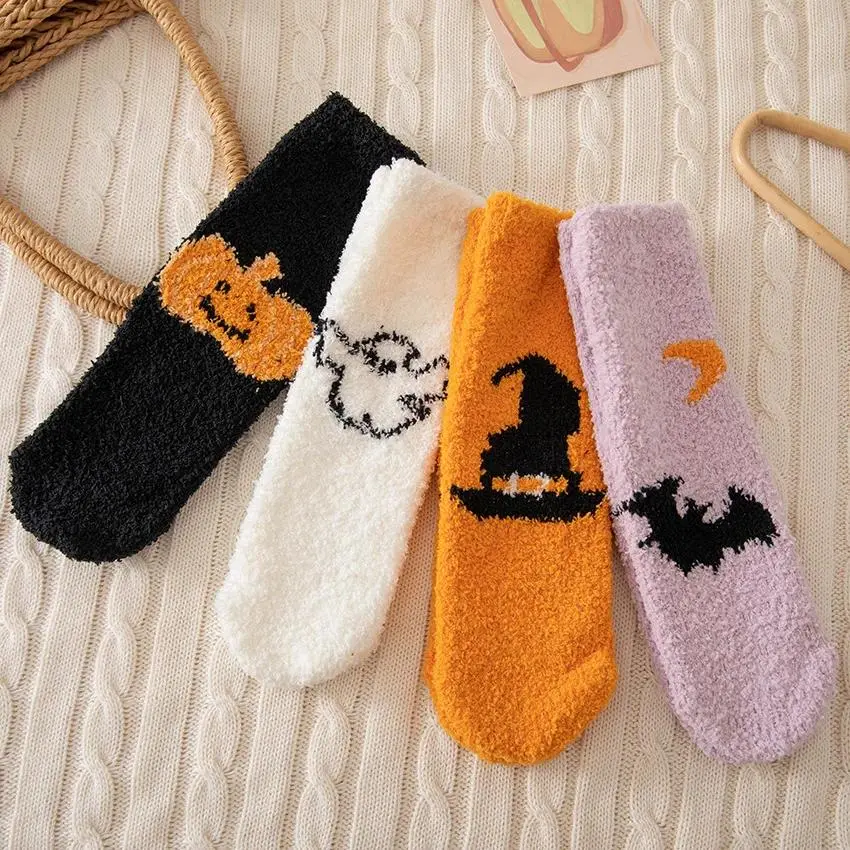 4 Pairs Halloween Spooky Fuzzy Socks for Women Men, Cozy Soft Thick Coral Fleece Sleeping Socks, Cute Fluffy Indoor House Floor Socks Gift Pack