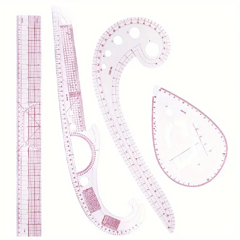 4-Piece Sewing Pattern Ruler Set, Transparent Smooth Edge, Full Arc Precision Cutting Tool, Essential for Fashion Designers and Craft Enthusiasts