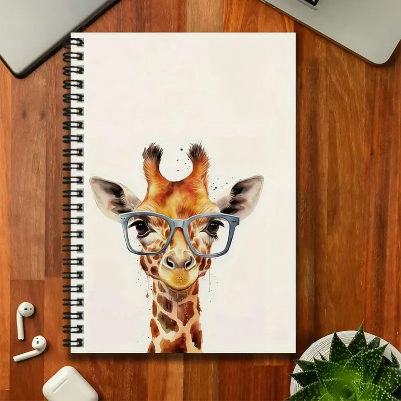 A cute and adorable giraffe wearing glasses illustration cover spiral notebook, a great aid for work and study, an exquisite gift choice for graduation, birthdays, and other occasions. It can be used for writing diaries, making daily plans, or as a notepa