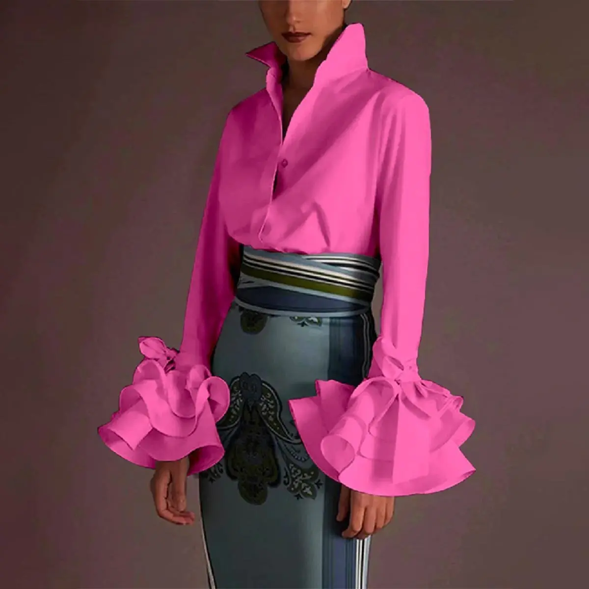 Women's Solid Business Blouse - Tie-Neck, Long Flared Sleeves, Mid-Length, Soft Lightweight Cotton-Poly Blend Fitted Top, Modest Corporate Girly Suit & Layering Outfits for Office Church