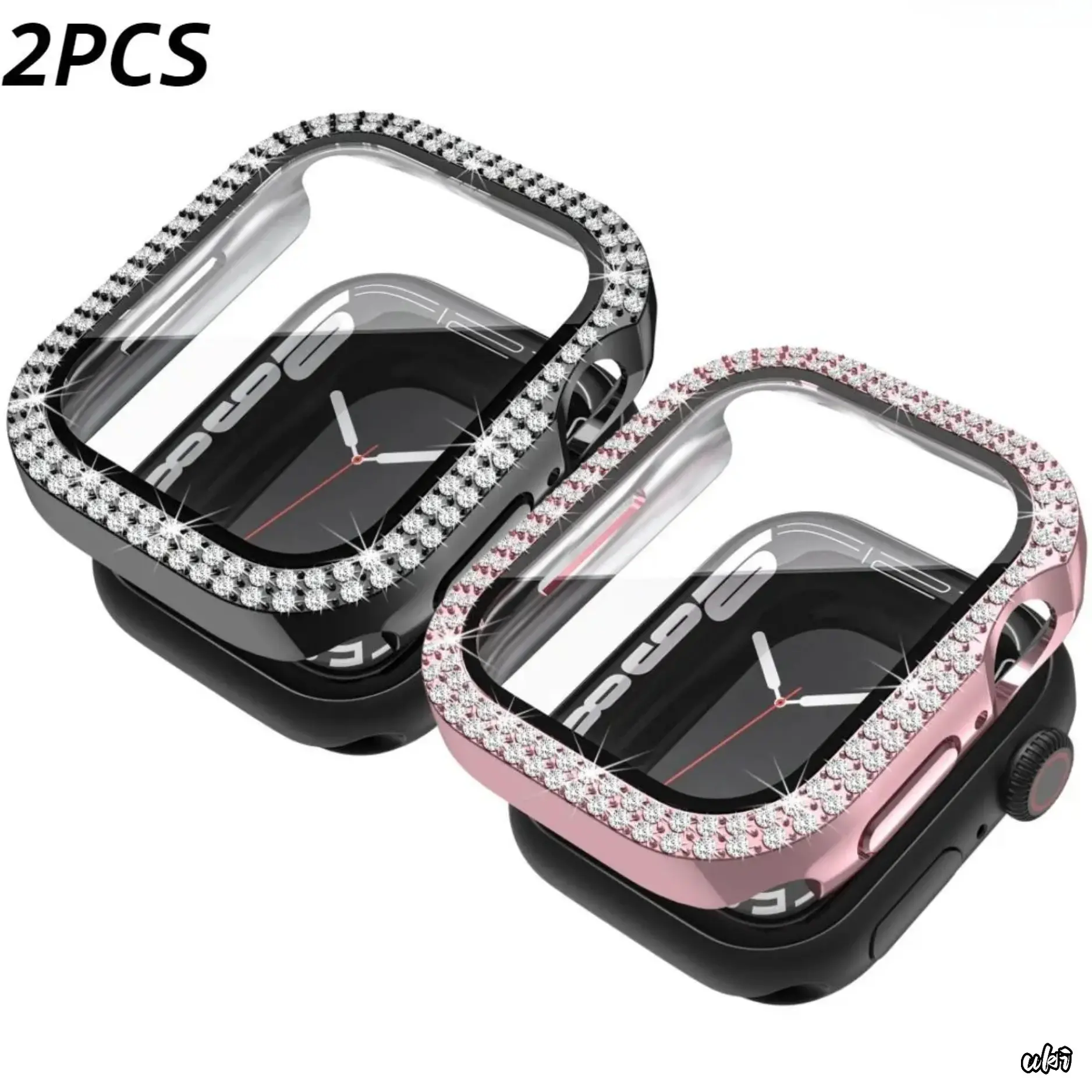 2 PACK ELECTROPLATED DOUBLE ROW RHINESTONE INTEGRATED PC WATCH CASE WITH TEMPERED GLASS, FULL SURROUND PROTECTIVE COVER COMPATIBLE WITH APPLE WATCH SERIES 5–11 ULTRA ALL SIZES, SMART WATCH ACCESSORY, WATCH NOT INCLUDED