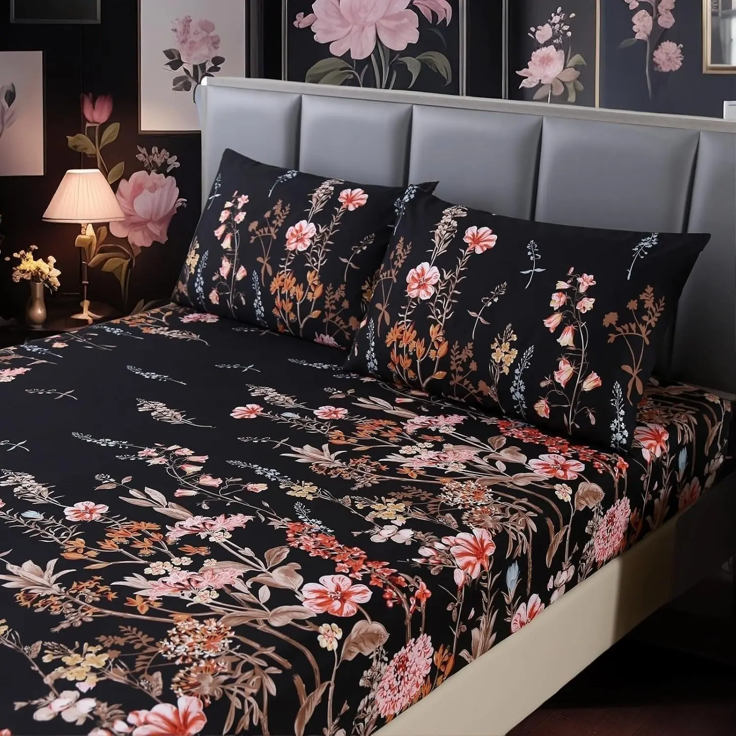 3 Piece Set Floral Queen Bed Sheet, Ultra-Fine Fiber Bohemian Bed Skirt, 1 Bed Skirt and 2 Pillowcases (coreless), Large Size, Bedding Sets, Boho Bedding Set