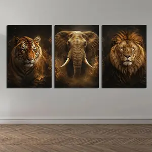 Moody Safari Animals Triptych Canvas Wall Art, Lion Tiger Elephant Print, Wildlife Decor for Living Room Bedroom Office Hallway, Available as Unframed Canvas Poster or Framed Canvas Wrap