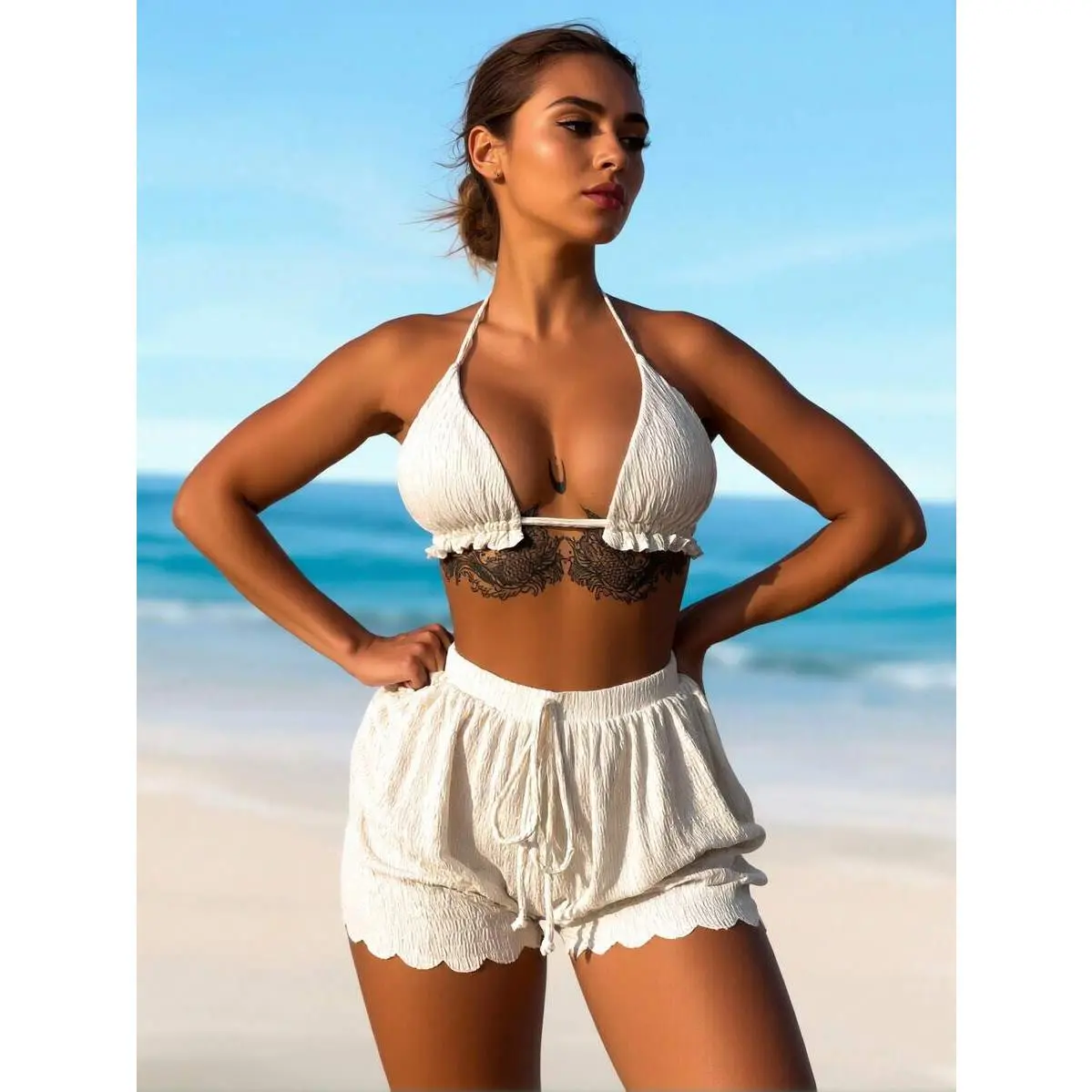 Women's White Textured Triangle Bikini Top With Ruffle Trim & Scalloped Hem Shorts, 3 Piece Swimsuit Set With Beach Cover Up, Summer Beachwear, Pool Party, Tropical Vacation, Resort Wear, Beach Club Outfit, Cruise Wear, Spa Day, Sunbathing, Festival Wear,