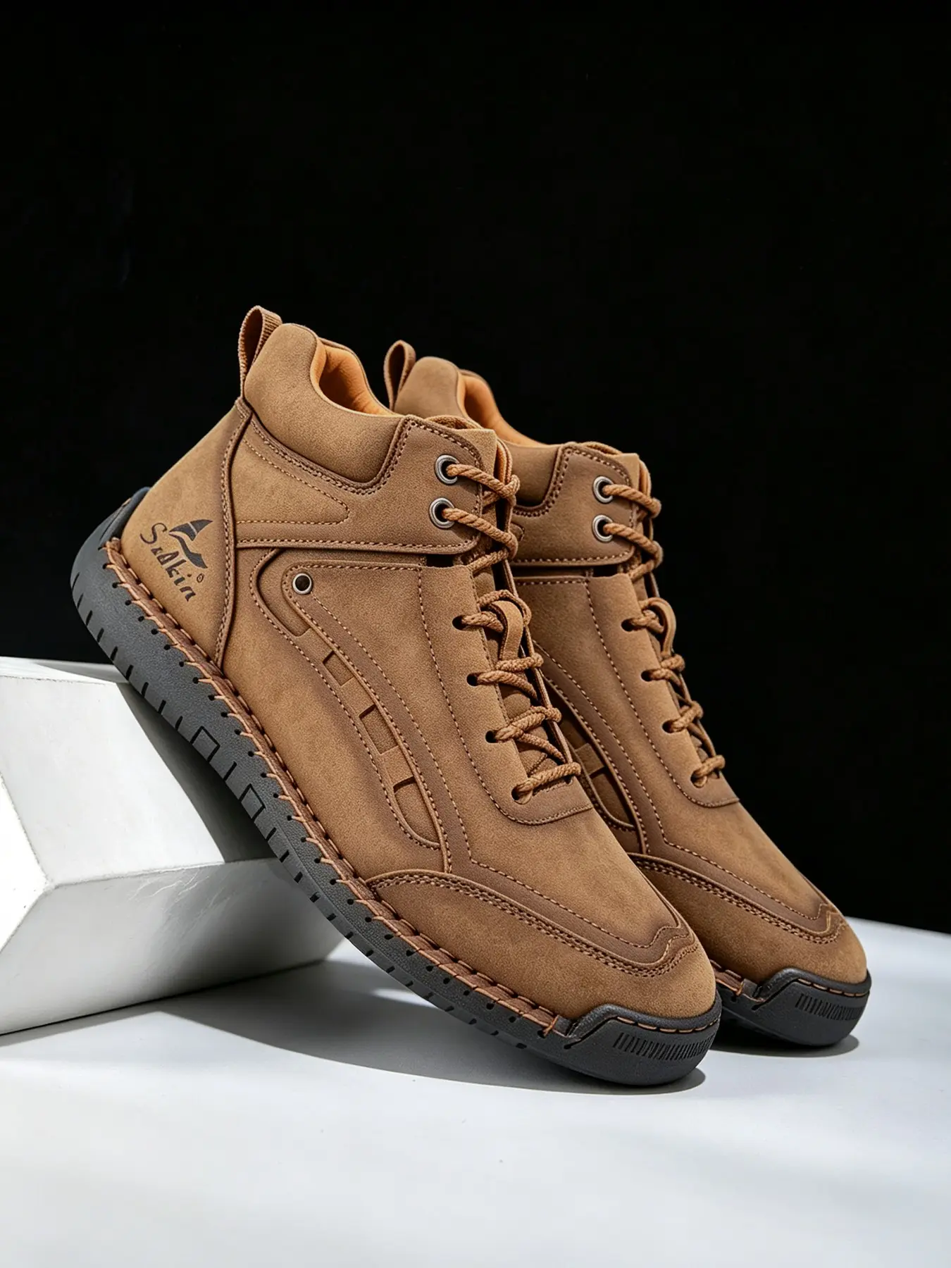 Men's Vintage Wash Faux Leather Lace Up Mid Top Ankle Boots, Hand Stitched Flexible Rubber Sole Comfort Booties, Breathable Lightweight Daily Driving Walking Casual Shoes