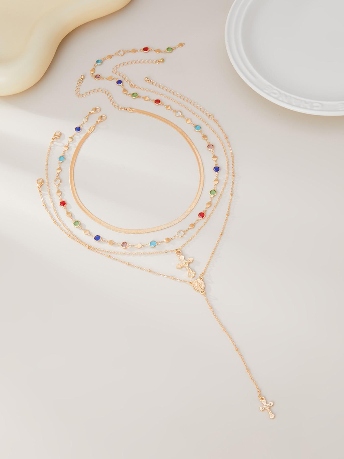 4 Piece Vintage Metal Jesus Cross Y-Style Long Necklace Set, Stunning Bohemian Colorful Crystal Pendant for Women, Perfect for Everyday and Vacation Wear, Layered Necklaces