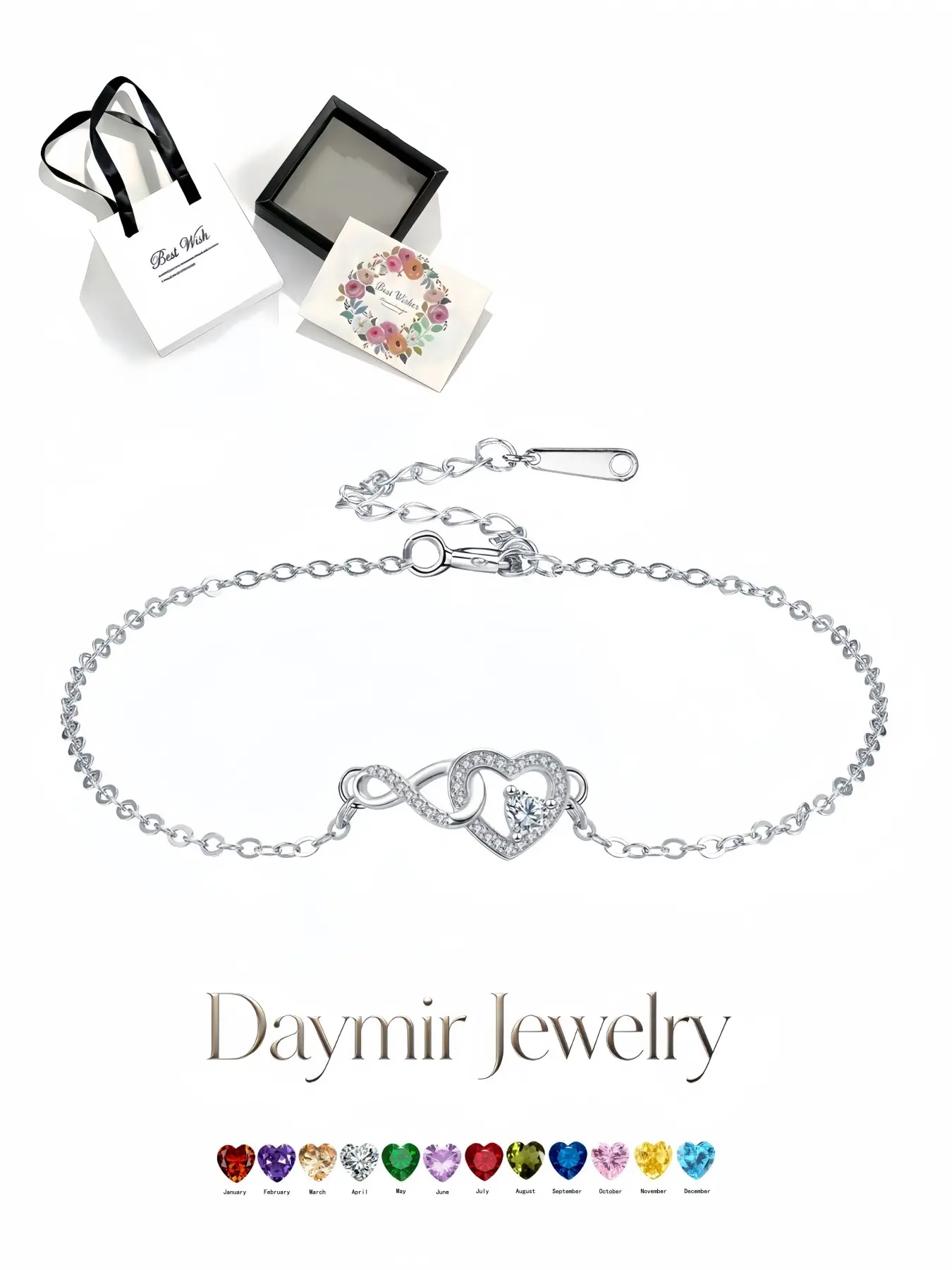 Throbbing Heart Adjustable Bracelet, trendy infinity heart jewelry available in 12 birthstone shades for ladies. Comes with an elegant drawer jewelry box, ideal gifts for birthdays, Mother’s Day, Valentine’s Day, Christmas and anniversaries.