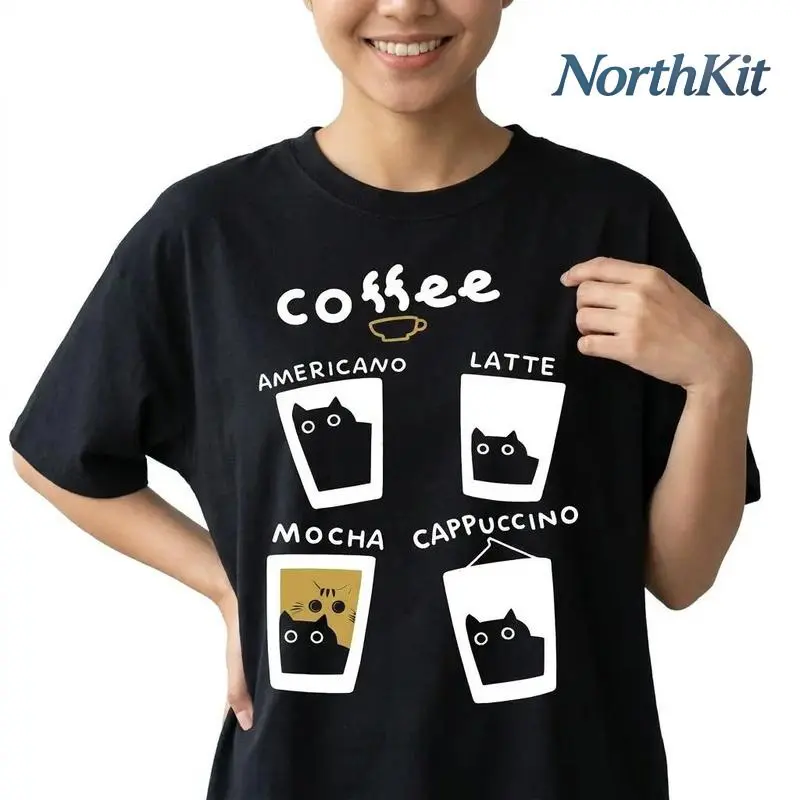 Women's Plus-Size Short-Sleeve Casual Comfortable Streetwear Top, Funny Black Cat Coffee Graphic Cat Lover Shirt, Shortsleeve, Tshirt, Coffee Theme, Lady, Round Neck