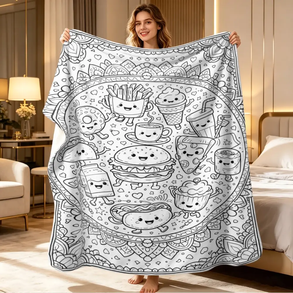 Coloring Stress Relief Hand Drawn Blanket, Mandala Border Cartoon Smile Fast Food Line Art Flannel, Holiday Gift Blanket