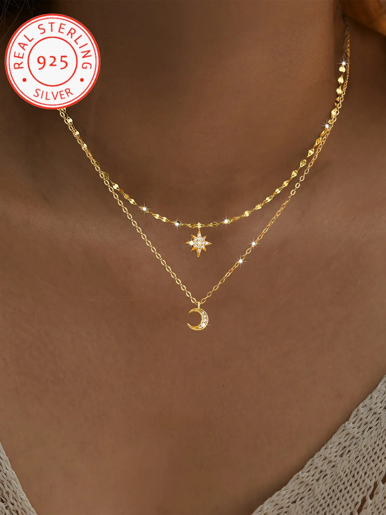 925 Sterling Silver Women's Double Layer Star Moon Zircon Pendant Necklace, Elegant Layered Jewelry, Perfect Gift for Holidays