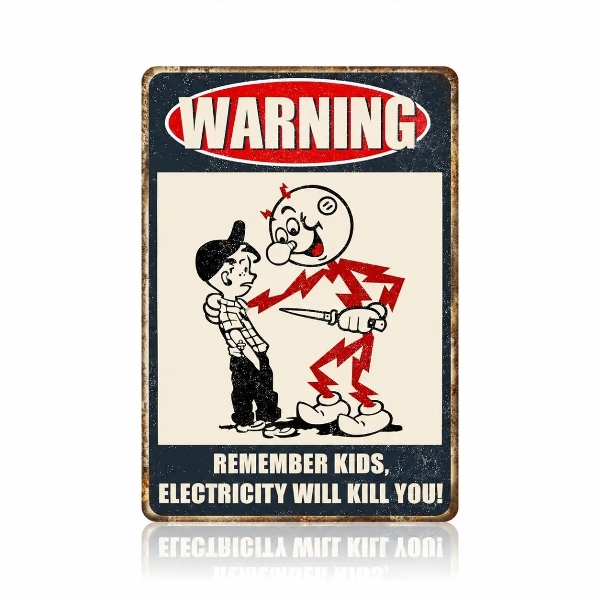 8x12 in Industrial Electricity Warning Metal Sign, Decorative Retro Look Cartoon Art Safety Caution Wall Decor, Funny Kids Reminder Gift for Garage Home