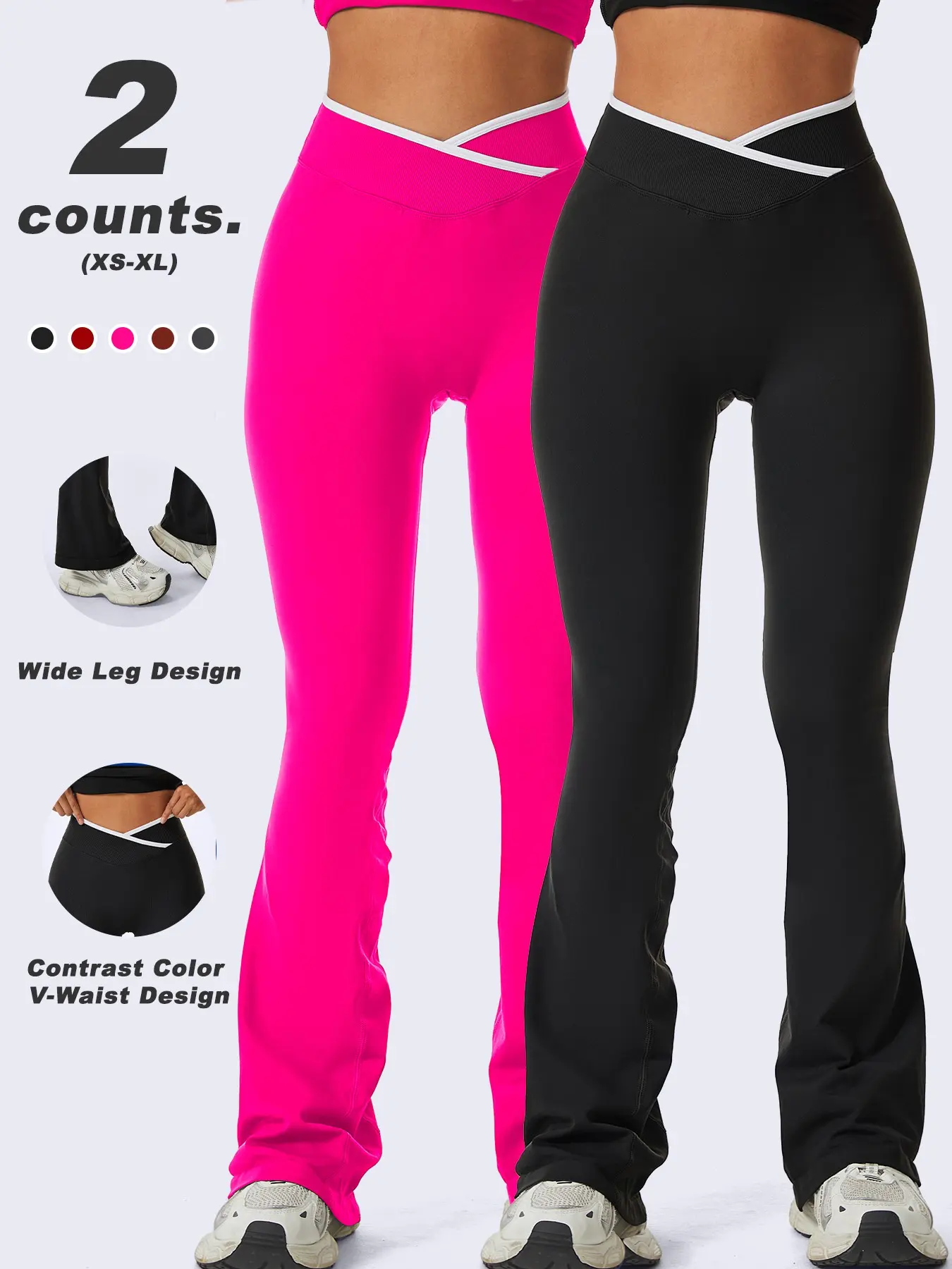 2 Pack Contrast V Waist Wide Leg Flare Yoga Pants Set | High Waist Butt Lifting Slim Workout Leggings Multi Colors Gym / Yoga / Daily Casual / Athleisure High Stretch Leggings High Waisted Leggings