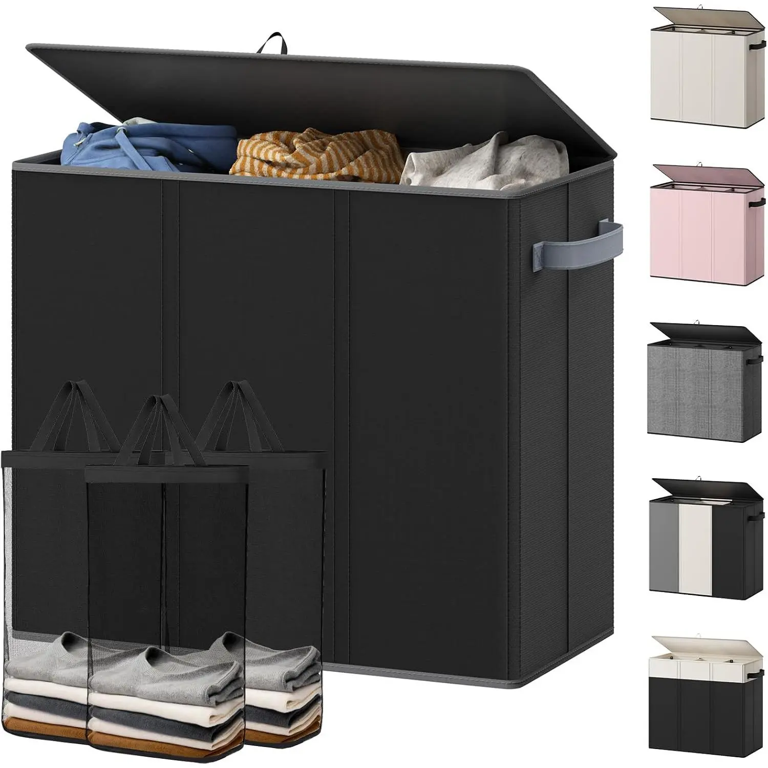 180L Laundry Hamper 3 Section, Large Laundry Hamper with Lid, Dirty Clothes Hampers with 3 Inner Bags, Laundry Basket Organizer for Laundry, Bedroom, Bathroom, Hamper 3 Compartment, Black