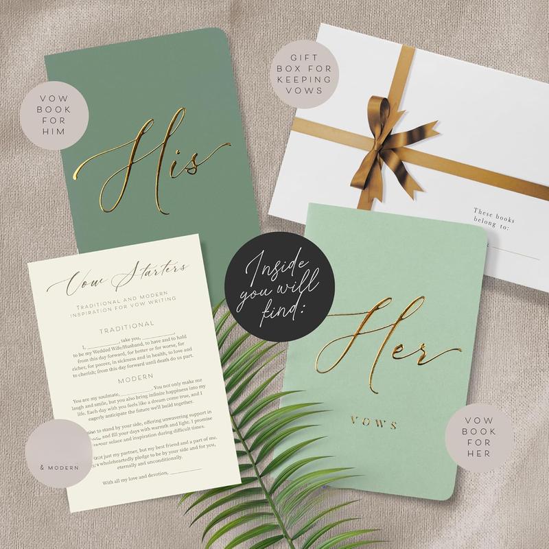 Wedding Vow Book for Her & Him, Soft Touch,  Foil, 28 Lined Pages, Vow Books His and Hers, Wedding Essentials, Wedding Registry Ideas, His and Hers Gifts [Mint & Sage]