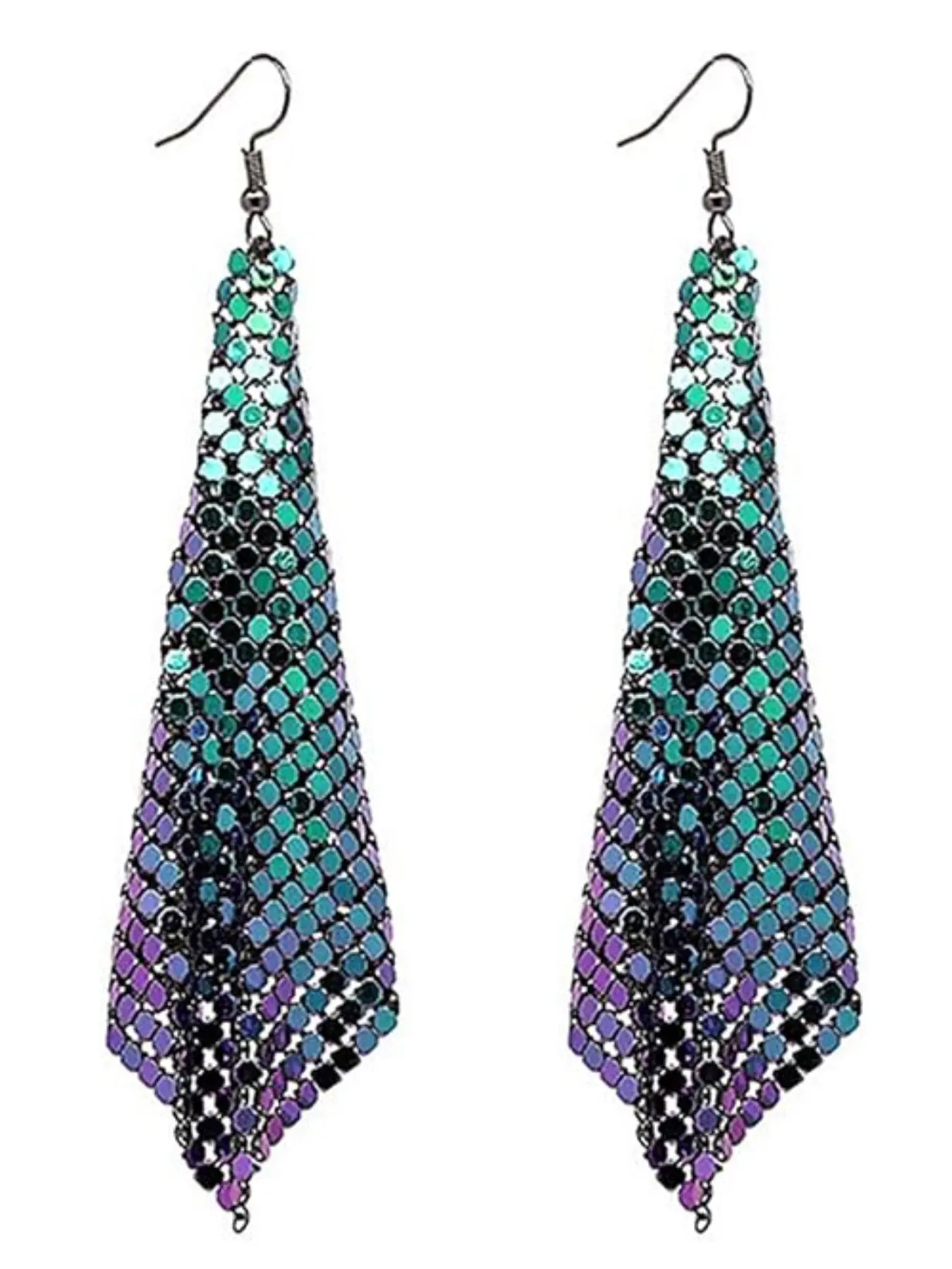 Women's Shiny Rainbow Gradient Sequin Mesh Long Dangle Earrings, Sparkling Rhombus Pendant Hook Exaggerated Ear Jewelry, Perfect for Parties