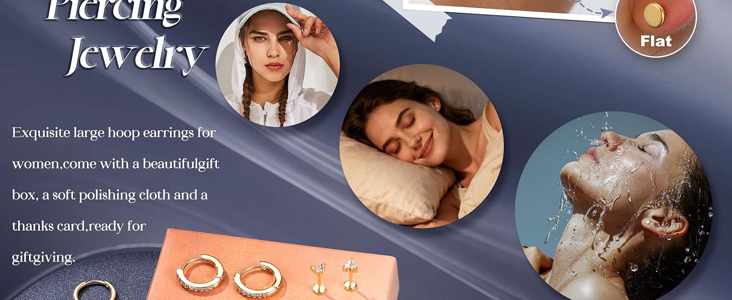 Trendy 16G/18G/20G Flat Back Earrings for Women Threadless Surgical Steel Stud Hoop Earrings Push in Nose Studs Hypoallergenic CZ Cartilage Earring Set Labret Helix Tragus Conch Piercing Jewelry