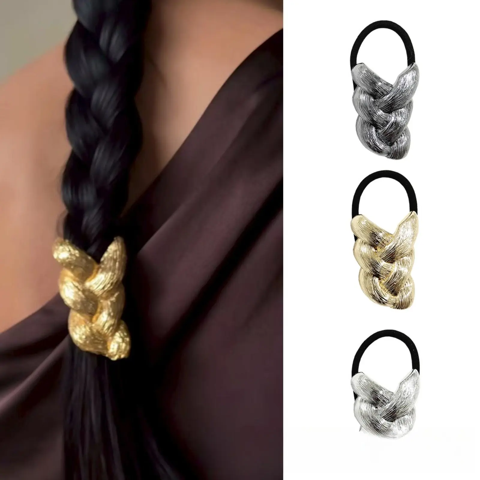 Women Silver Braided Metal Hair Tie, Trendy Brushed Texture Knotted Ponytail Holder, Elastic Fabric Rope Hair Scrunchie, Stretchy Decorative Hair Band, Minimalist Elegant Accessory For Daily Commute Hairstyle