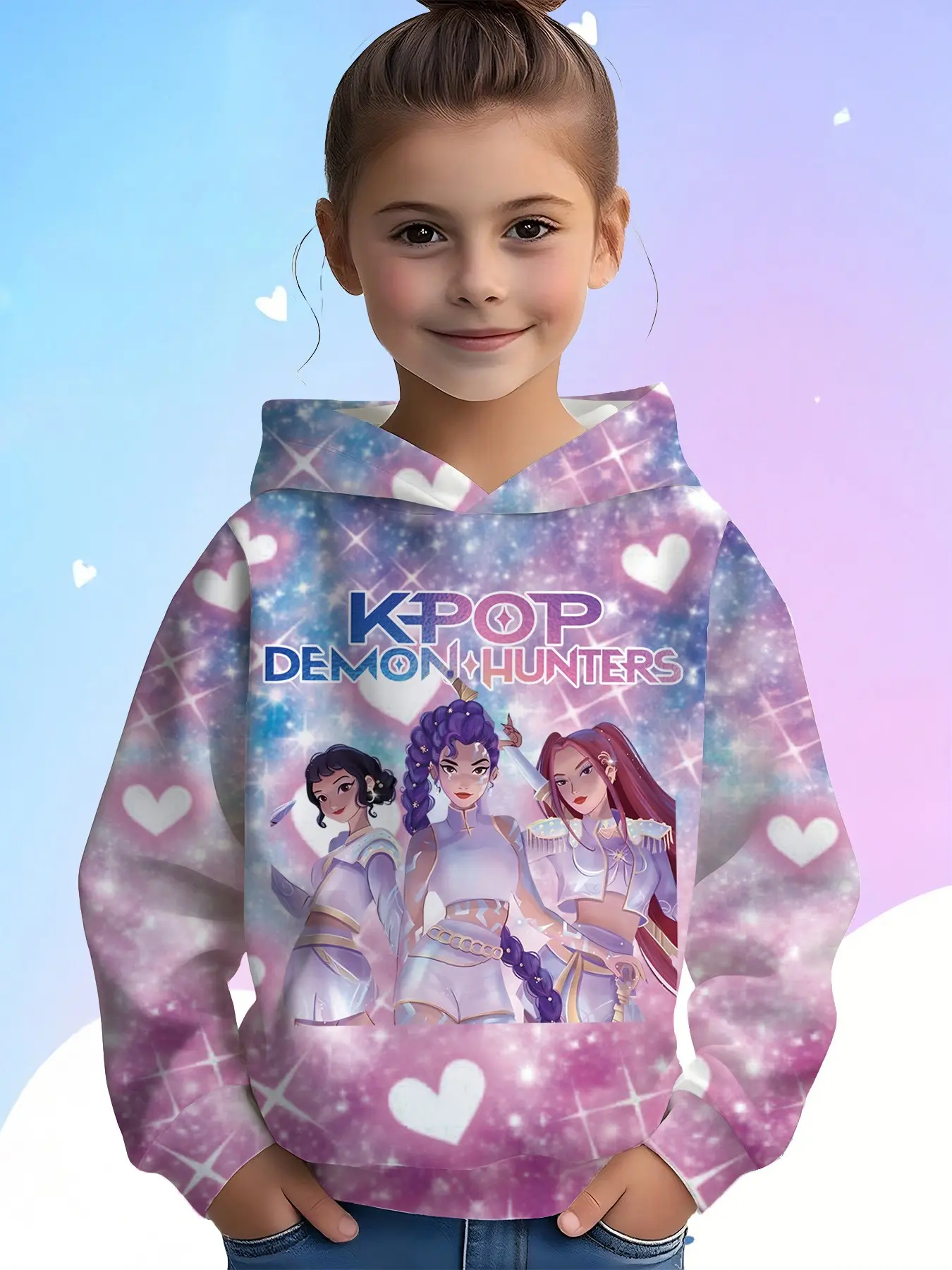 Starry Heart Pop Girl Group Kids Hoodie, Glitter Galaxy Anime Girl Print, Casual Hooded Sweatshirt, Graphic Hoodies