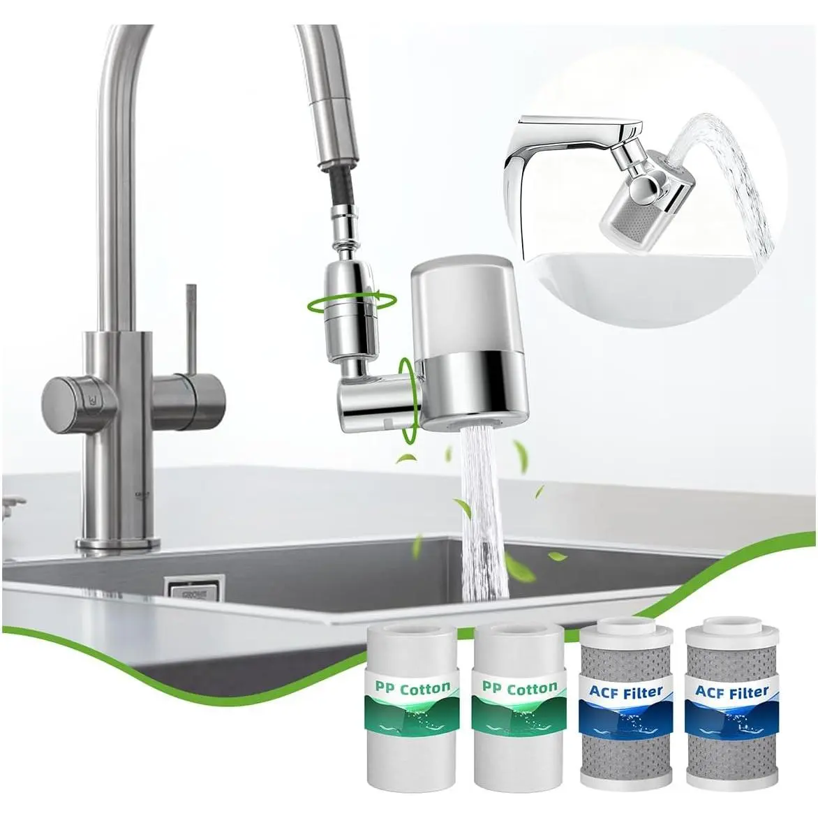 720° Rotating Faucet Water Filter - with 4 Filters, 22 Adapters, 2 Modes Faucet Extender Aerator, Removes Chlorine & Sediment for Most Bathroom/Pull Out Kitchen/RV Faucets, Water Saving Tap Filter