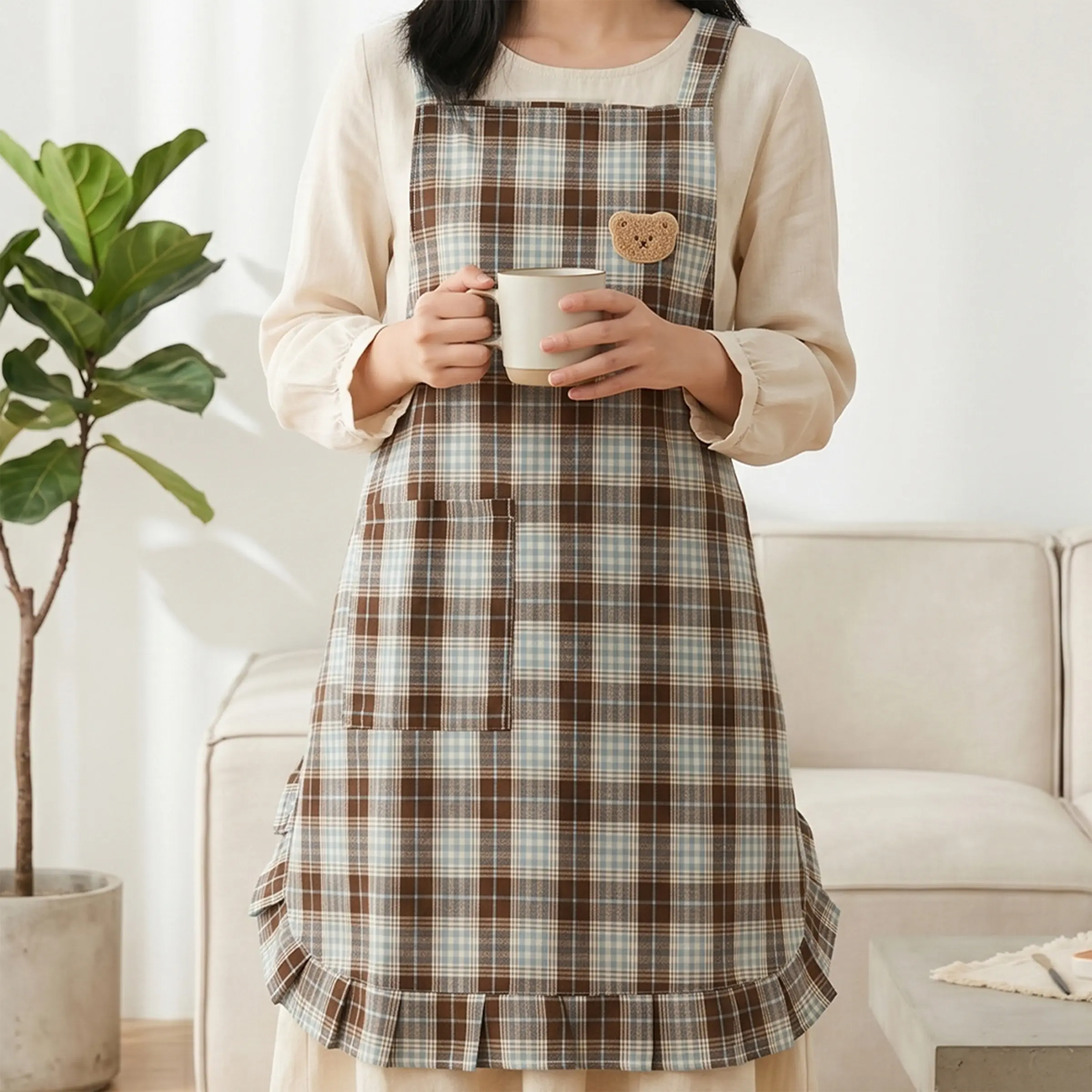 1pc New Japanese Style Plaid Apron with Large Pockets, Breathable Strap Design for Kitchen Cooking and Baking, Loose Fit Home Use