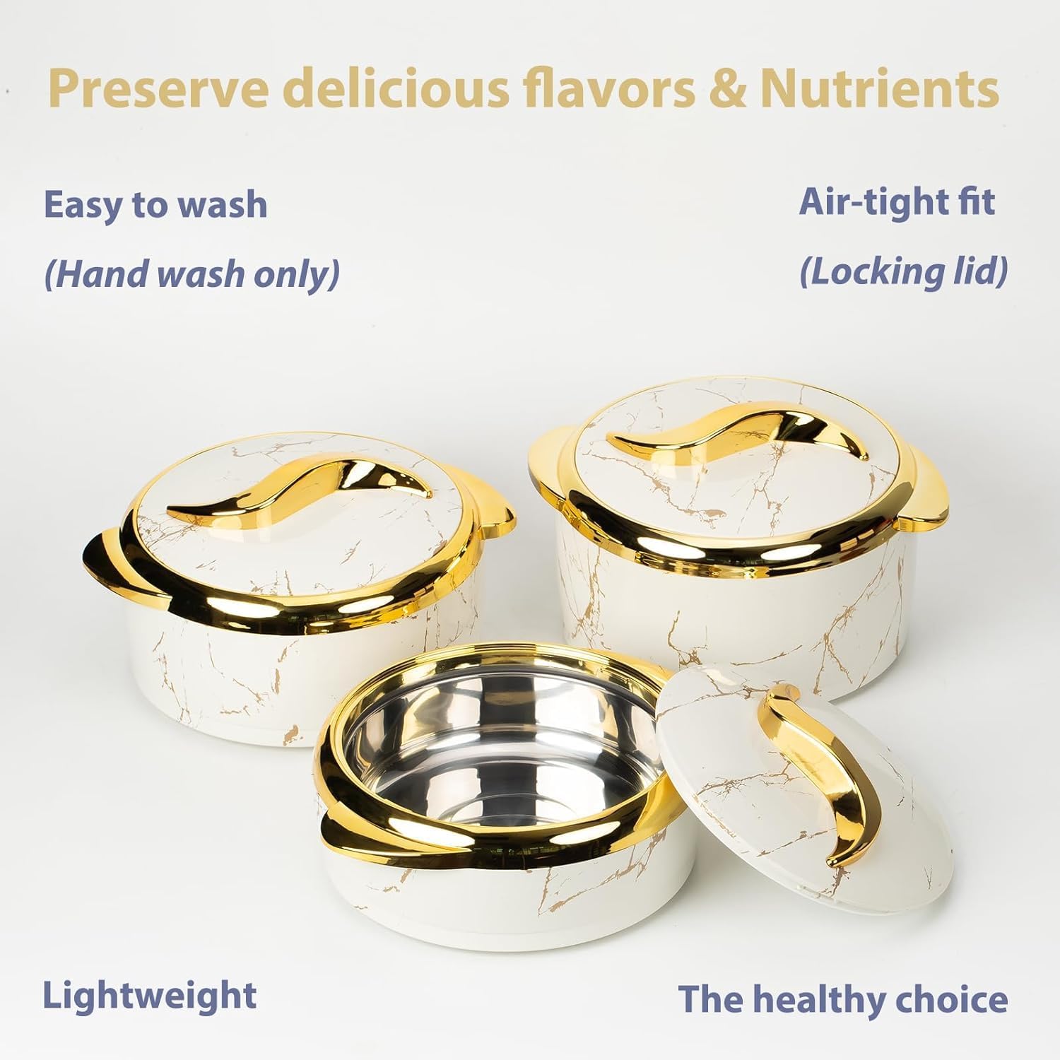 3-piece set of Scandinavian marble pattern insulated pot with gold trim and lid, home dining table thermal food bowl, food preservation box