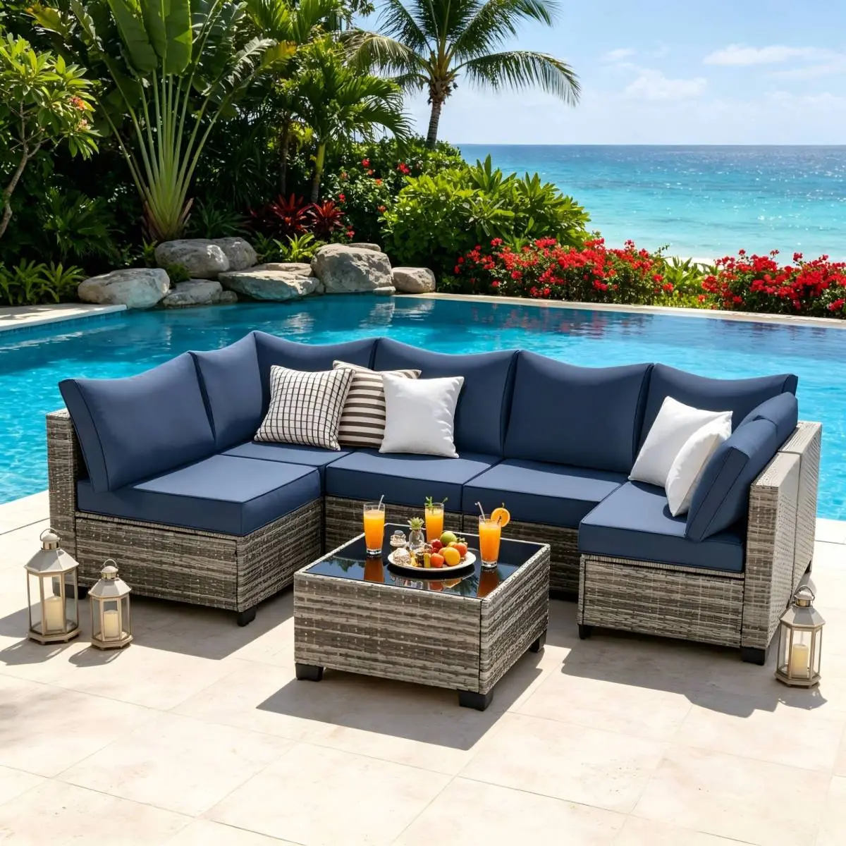Aobtkel7-Piece Outdoor Patio Furniture Set, All-Weather Wicker Rattan Sectional Sofa with Thick Cushions & Glass Table, Modular Patio Conversation Furniture for Backyard, Poolside & Garden (Grey-Blue) On-Site