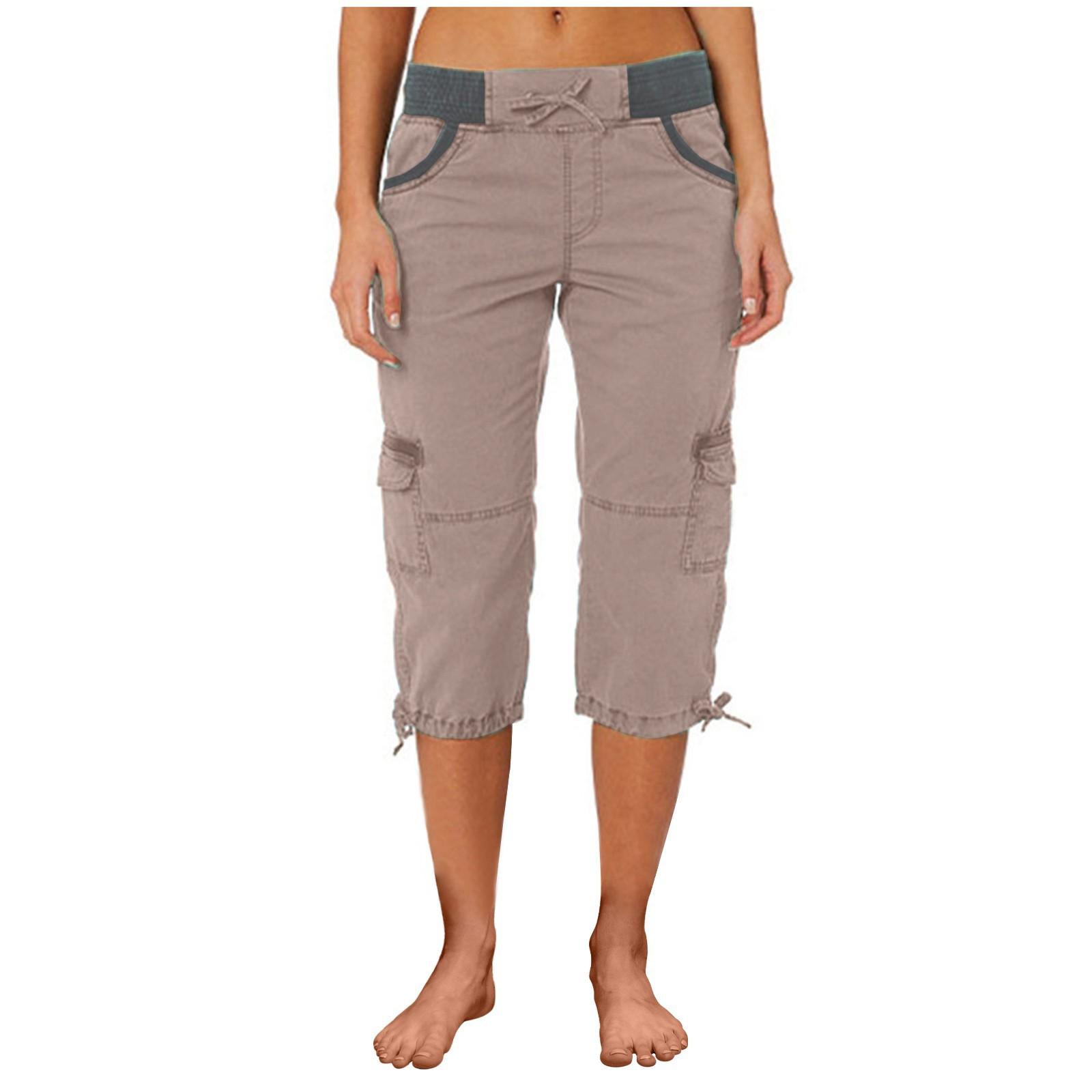 Women Cargo Capris Soild Casual Pants With Pocket Drawstring Outdoor Hiking Pants Women'S Slacks Thin Streetwear Tops Chic White Womenswear Bottom Comfort Basic