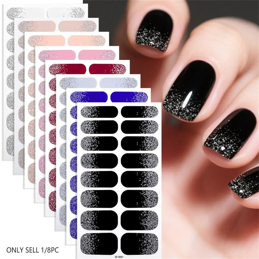 Pure Color Gradient Nail Polish Film Stickers, Removable Waterproof False Nails, 16pcs Self-Adhesive Nail Art Kit, Quick DIY Manicure, Glitter Nails, Glossy Fake Nails, Glitter Decorative Nails