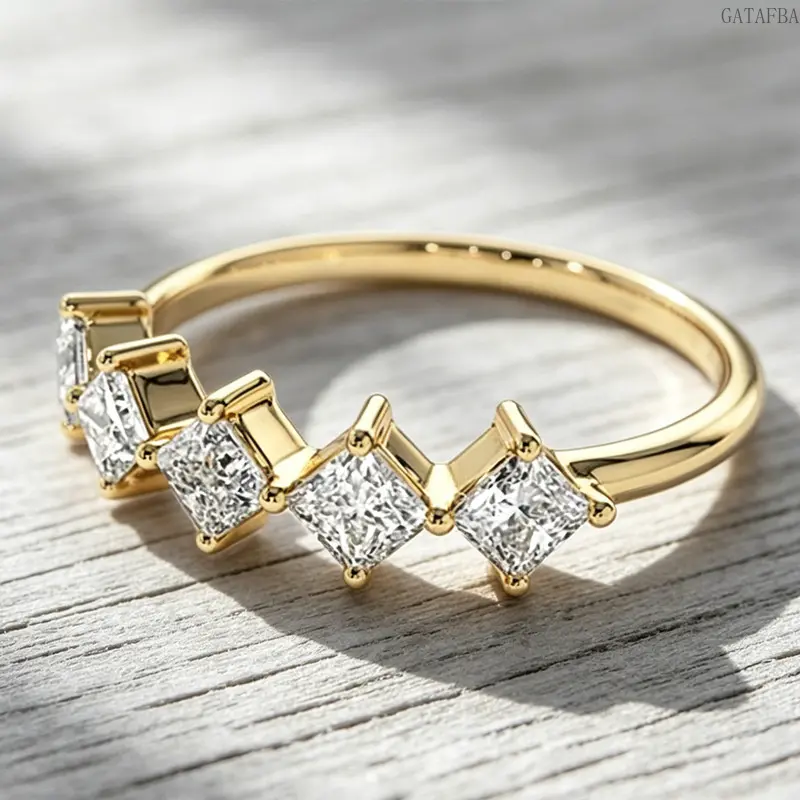 Minimalist Princess Cut Stackable Thin Ring, Continuous Design With Five Square Stones, Dainty Band for Daily Stacking & Pinky Wear